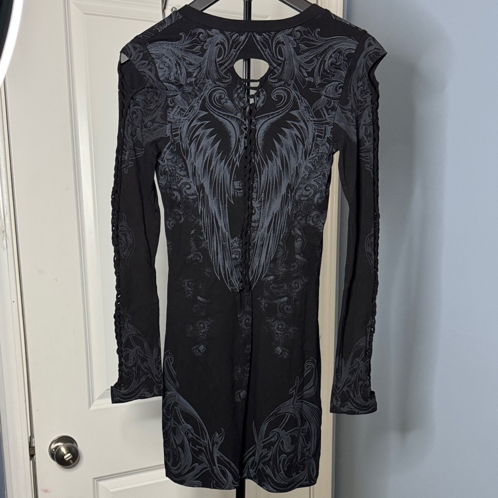 Black Rhinestone Cross & Wings Long Sleeve Mini Dress - Picture 4 of 4